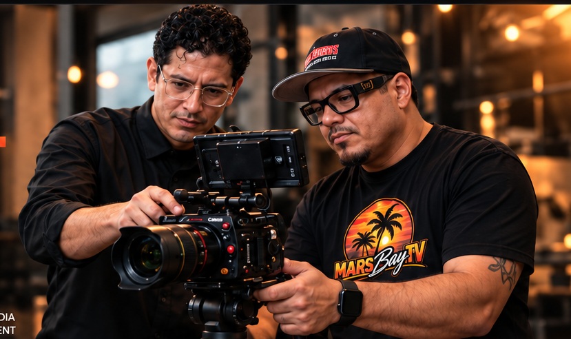 Edwin Campos and Mario DeAnda working with a cinema camera